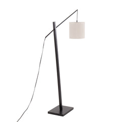 Arturo Contemporary Floor Lamp in Black Wood and Black Steel with Grey Fabric Shade