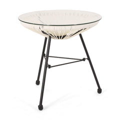 Modern NUSA Side Table with Tempered Glass Top and Polyethylene Rattan Base in White