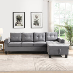 Modern Sectional Sofa Set with L Shape Chaise Lounge and Storage in Grey Velvet Fabric