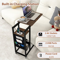 C-shaped End Table with Charging Station and Retractable Tabletop-Coffee