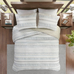 3 Piece Printed Microfiber Seersucker Quilt Set Taupe/Blue Full/Queen