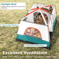 6-8 Person Camping Tent with Double Rooms and 2 Doors-Green