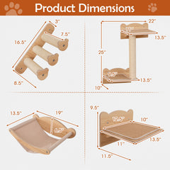 Cat Wall Furniture Set of 4 with Hammock 2-step Cat Tree and Perch-Natural