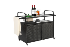 Outdoor Bar Table with Wicker Bar Cart and Steel Top