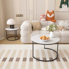 Nesting Coffee Table Set of 2, 27.6inch Round Wood Marble Pattern Top with Sturdy Metal Frame