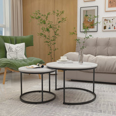 Nesting Coffee Table Set of 2, 27.6inch Round Wood Marble Pattern Top with Sturdy Metal Frame