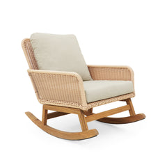 Contemporary Minimalist Beige Wicker Rocking Chair with Soft Cushions