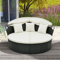 Clamshell Patio Round Daybed Wicker with Retractable Canopy and Pillows