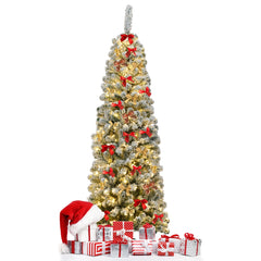 6 Feet Pre-lit Snow Flocked Artificial Pencil Christmas Tree with 250 LED Lights