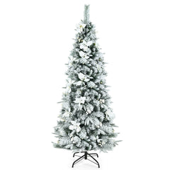 Snow Flocked Christmas Pencil Tree with Berries and Poinsettia Flowers