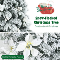 Snow Flocked Christmas Pencil Tree with Berries and Poinsettia Flowers