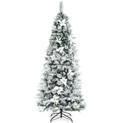 Snow Flocked Christmas Pencil Tree with Berries and Poinsettia Flowers