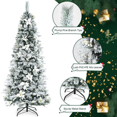 Snow Flocked Christmas Pencil Tree with Berries and Poinsettia Flowers