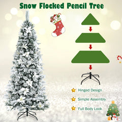 Snow Flocked Christmas Pencil Tree with Berries and Poinsettia Flowers