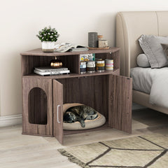 Corner Cat Litter Box Enclosure with Storage Shelves and Double Doors-Gray