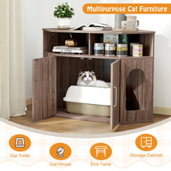 Corner Cat Litter Box Enclosure with Storage Shelves and Double Doors-Gray