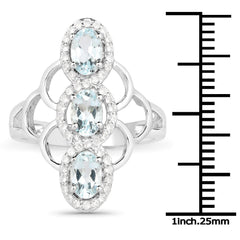 1.54 Carat Genuine Aquamarine and White Zircon .925 Sterling Silver Ring