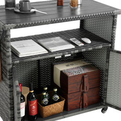 Outdoor Wicker Bar Cart with Glass Top and Wheels