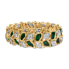 18K Yellow Gold 3 1/4 Cttw Diamond and Green Enamel Gold Textured Bracelet (G-H Color, VS1-VS2 Clarity) - 7" Inches