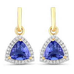 3.86 Carat Genuine Tanzanite and White Diamond 14K Yellow Gold Earrings