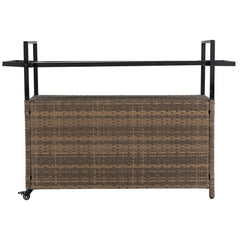 Outdoor Wicker Bar Cart with Glass Top and Wheels