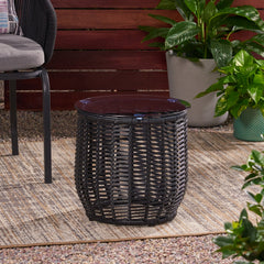 Boho ARIAS Side Table with Tempered Glass Top and Rattan Wrap, Black, 15.5 inches