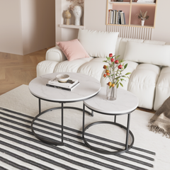 Nesting Coffee Table Set of 2, 27.6inch Round Wood Marble Pattern Top with Sturdy Metal Frame