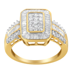 10K Yellow Gold Round and Baguette-Cut Diamond Cluster Ring (1.0 Cttw, I-J Color, SI1-SI2 Clarity) - Size 7