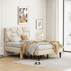 Beige Linen Full Bed Frame – Sturdy Platform Bed With Storage