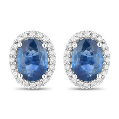 2.16 Carat Genuine Blue Sapphire and White Diamond 14K White Gold Earrings