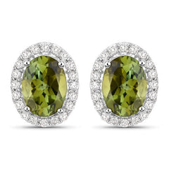 1.92 Carat Genuine Green Tourmaline and White Diamond 14K White Gold Earrings