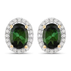 1.92 Carat Genuine Green Tourmaline and White Diamond 14K Yellow Gold Earrings