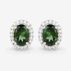 1.92 Carat Genuine Green Tourmaline and White Diamond 14K Yellow Gold Earrings
