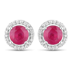 1.22 Carat Genuine Ruby and White Diamond 14K White Gold Earrings