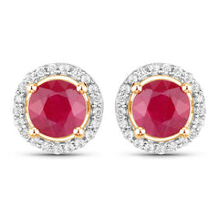 1.22 Carat Genuine Ruby and White Diamond 14K Yellow Gold Earrings