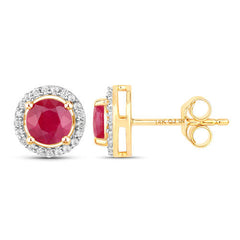 1.22 Carat Genuine Ruby and White Diamond 14K Yellow Gold Earrings