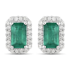 0.91 Carat Genuine Zambian Emerald and White Diamond 14K White Gold Earrings