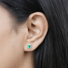 0.91 Carat Genuine Zambian Emerald and White Diamond 14K White Gold Earrings