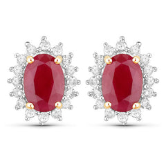 2.02 Carat Genuine Ruby and White Diamond 14K Yellow Gold Earrings