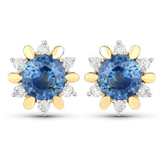 1.87 Carat Genuine Blue Sapphire and White Diamond 14K Yellow Gold Earrings