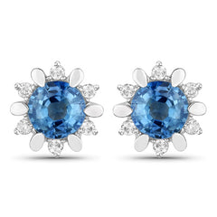1.87 Carat Genuine Blue Sapphire and White Diamond 14K White Gold Earrings