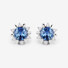 1.87 Carat Genuine Blue Sapphire and White Diamond 14K White Gold Earrings