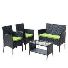 4 PC Rattan Patio Furniture Set Outdoor Cushioned Wicker Sofa Green Cushion