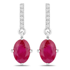 1.75 Carat Genuine Ruby and White Diamond 14K White Gold Earrings