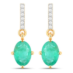 1.49 Carat Genuine Zambian Emerald and White Diamond 10K Yellow Gold Earrings