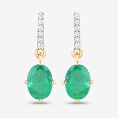 1.49 Carat Genuine Zambian Emerald and White Diamond 10K Yellow Gold Earrings
