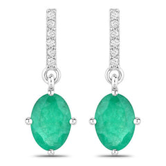 1.49 Carat Genuine Zambian Emerald and White Diamond 14K White Gold Earrings