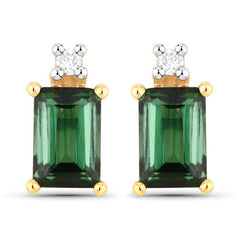 1.24 Carat Genuine Green Tourmaline and White Diamond 14K Yellow Gold Earrings