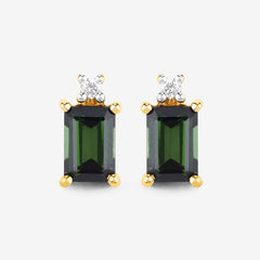1.24 Carat Genuine Green Tourmaline and White Diamond 14K Yellow Gold Earrings