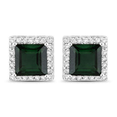 1.55 Carat Genuine Green Tourmaline and White Diamond 14K White Gold Earrings